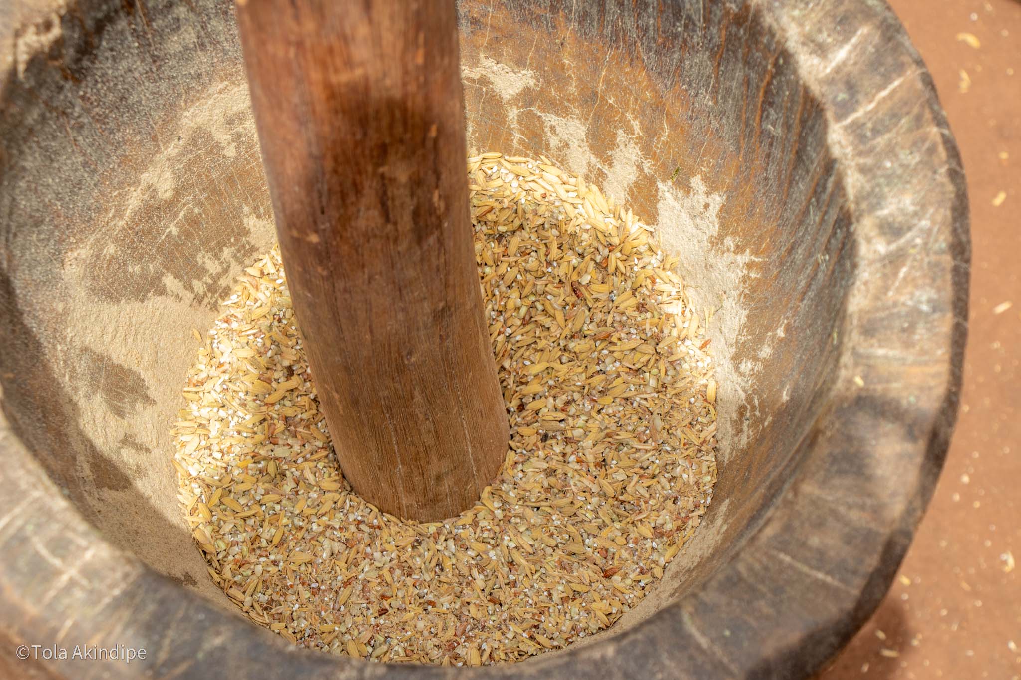 Rice being pounded in big mortar